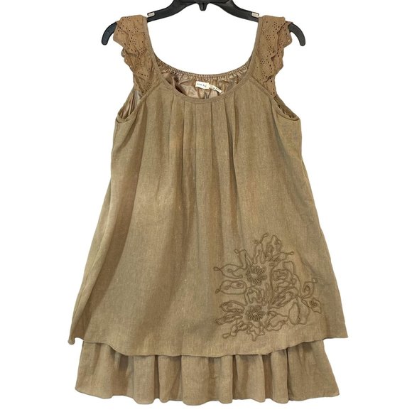 Lagenlook Tan Linen Dress Size M Embroidered Tiers Lightweight Blue Bird Boho - Picture 11 of 12